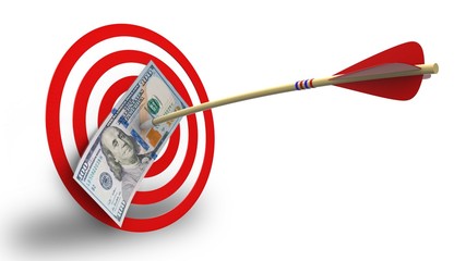 3d illustration of circles target with arrow and 100 dollars over white background