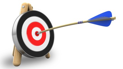 3d illustration of blue arrow with archery target stand over white background
