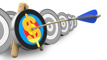 3d illustration of target stand with blue arrow and dollar sign over white with targets background