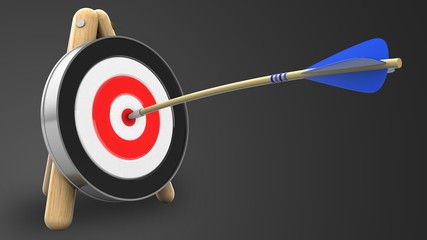 3d illustration of blue arrow with archery target stand over gray background