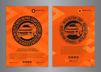 Set of car Service Business Layout templates, automobile magazine cover, A4 auto repair shop brochure, mockup flyer. Vector illustration.