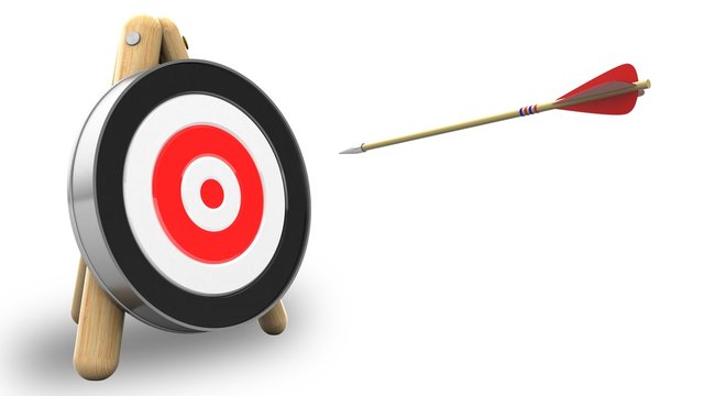 3d illustration of arrow flight with archery target stand over white background