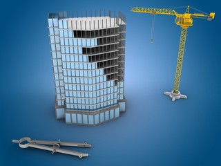 3d illustration of city building over blue light background with crane