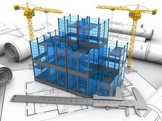 3d illustration of glass building over house plan background with two cranes