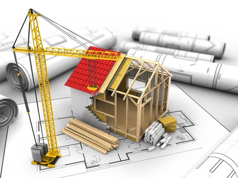 3d illustration of frame house construction over house plan background with crane