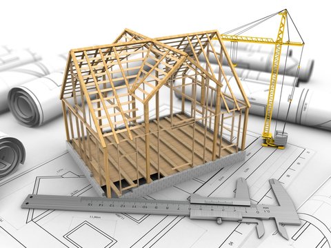 3d illustration of wooden house frame over drawings background with crane