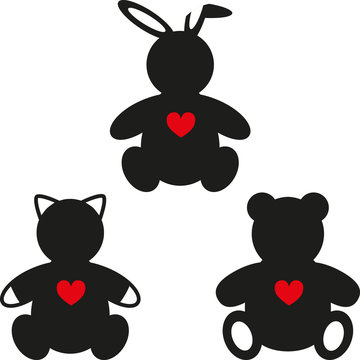 Simple silhouettes of Bear, Rabbit and Cat. Vector illustration on white background