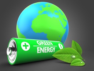 3d illustration of battery over gray background with earth globe and leaf