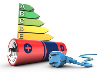 3d illustration of battery over white background with energy rating and power cable