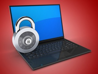 3d illustration of laptop computer over red background with blue reflection screen and lock