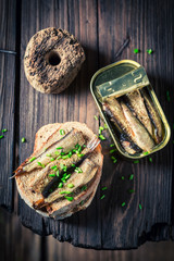 Tasty wholegrain bread wirh sardines with and chive