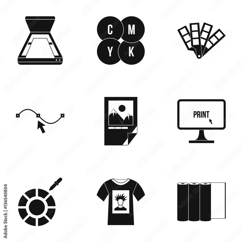 Poster printing icons set, simple style