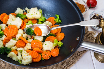 Fried mix vegetables in a pan in oil