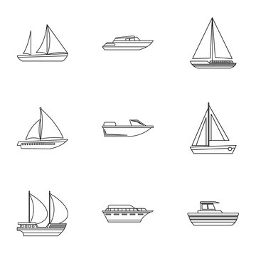 Maritime transport icons set, outline style