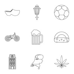 Attractions of Holland icons set, outline style