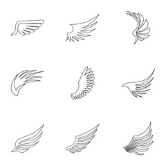 Wings icons set, outline style