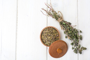 Dried and crushed thyme spice in cooking