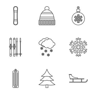 Winter icons set, outline style