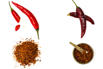 Chili, red pepper flakes, corns and chili powder