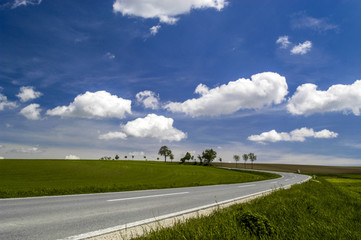 Curvy road, fields, avenue, white clouds in blue sky, Austria, L