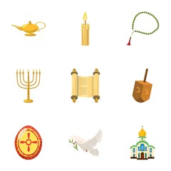 Fototapeta na wymiar Religious faith icons set, cartoon style