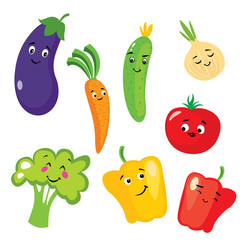 Set of cute vegetables in the form of characters. Eggplant, tomato, cucumber, onion, paprika, pepper, broccoli and carrots. Background.
