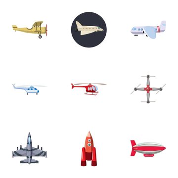 Flying vehicles icons set, cartoon style