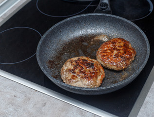 Grilled beefsteak. The meat in a frying pan on the stove.