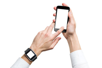 Mockup of male hands with cellphone and smart watch with blank s