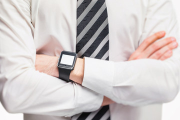 Closeup mockup of crossed male hands with smart watch isolated a