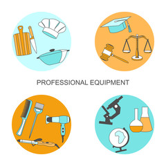 Vector set of collection icons of color professions equipment vector illustration