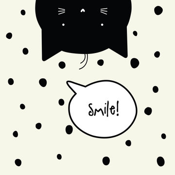 Greeting card with copy space. Smile. Cat character.