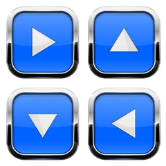 Blue glass buttons. Set of square arrow keys with chrome frame