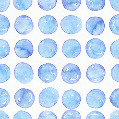 Large seamless raster texture with blue circles in rows in solid design on white watercolor paper. Creative grainy illustration hand drawn with brush. Creative pattern in simple symmetrical style