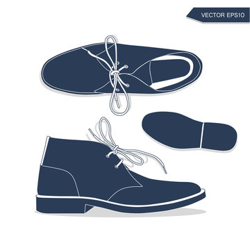top view with side view and sole of male chukka boots, vector, illustration,