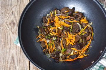 Mushrooms fried with onions and carrots in the wok