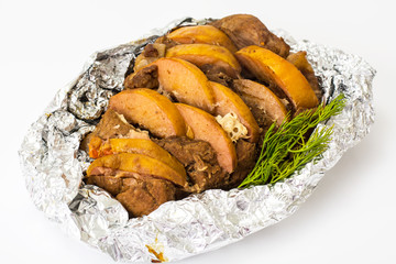 Baked meat with quince slices