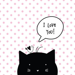 Valentine's card with copy space. I love you. Cat character. Polka dot seamless pattern at the background.