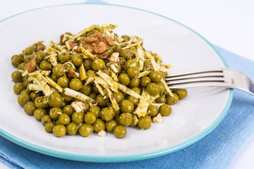 Healthy and diet food without meat: Green peas and cheese in pes
