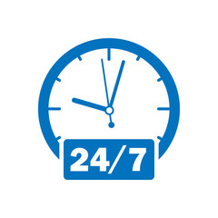 Icono plano reloj con 24 7 azul en fondo blanco