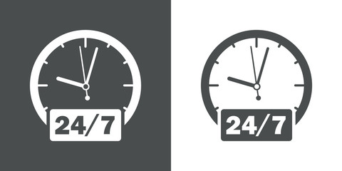 Icono plano reloj con 24/7 gris y blanco