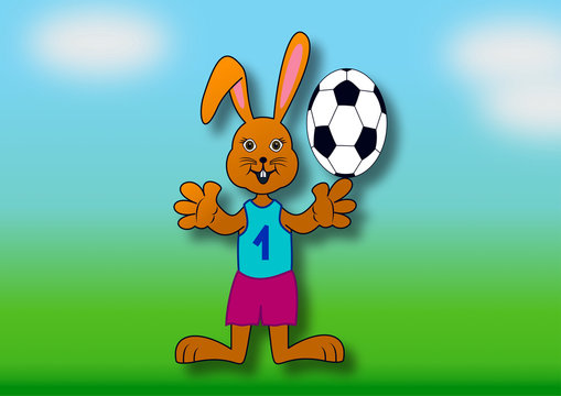 Easter Bunny with a ball on a soccer shaped egg