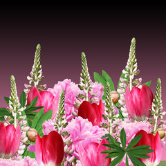 Beautiful floral background of lupine, peonies and tulips   