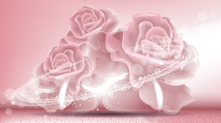 Rose flowers sparkling background. Ads template, droplet mock up isolated on dazzling roses backdrop. Place for brand text. Glamorous fragrance effects. Vector illustration