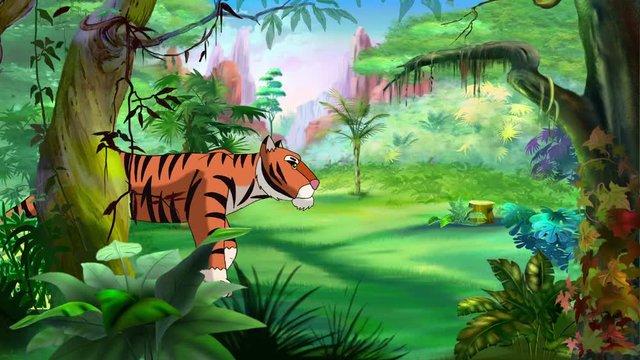 Cartoon Bengal Tiger Walks Through the Jungle in a Summer Day. Handmade animation,  motion graphic.