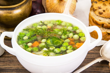Soup with Cauliflower, Brussels Sprouts, Green Beans, Peas, Carr