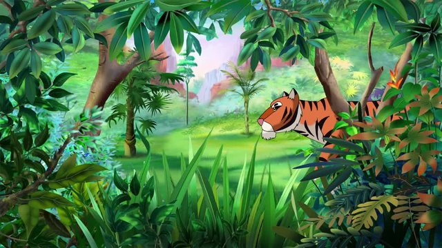 Cartoon Bengal Tiger Walks Through the Jungle in a Summer Day. Handmade animation,  motion graphic.