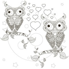 Fototapeta premium Zentangle stylized monochrome lovers owls sitting on the tree branches, moon, stars, hand drawn, hearts, vector illustration