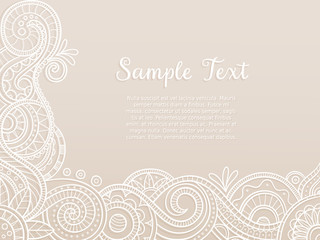 Abstract background, wedding invitation or greeting card design with hand drawn lace pattern. Corner design. Vector illustration.