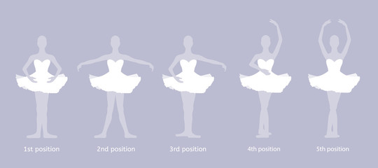 Girl dancer performs the five basic ballet positions - obrazy, fototapety, plakaty